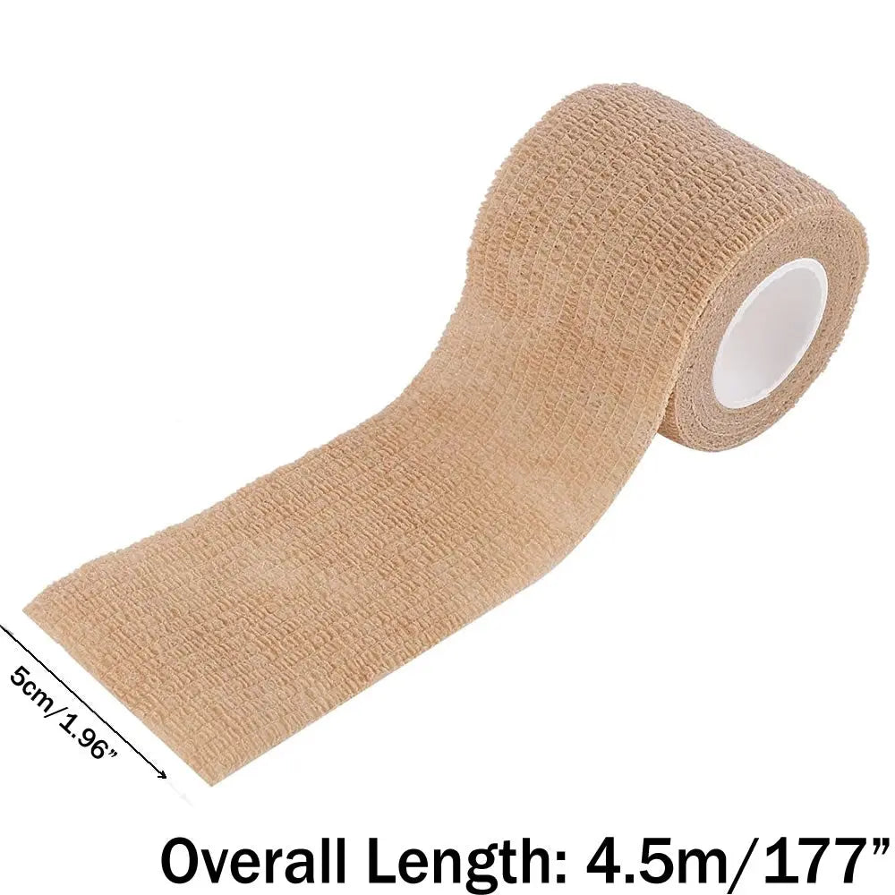 Beige elastic bandage roll with measurement details on a white background