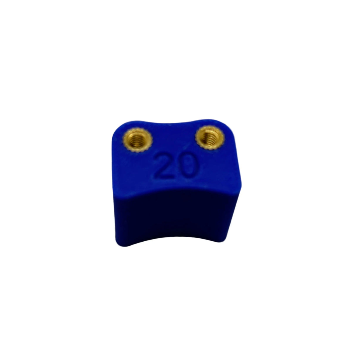 Blue plastic component with gold screws on a white background