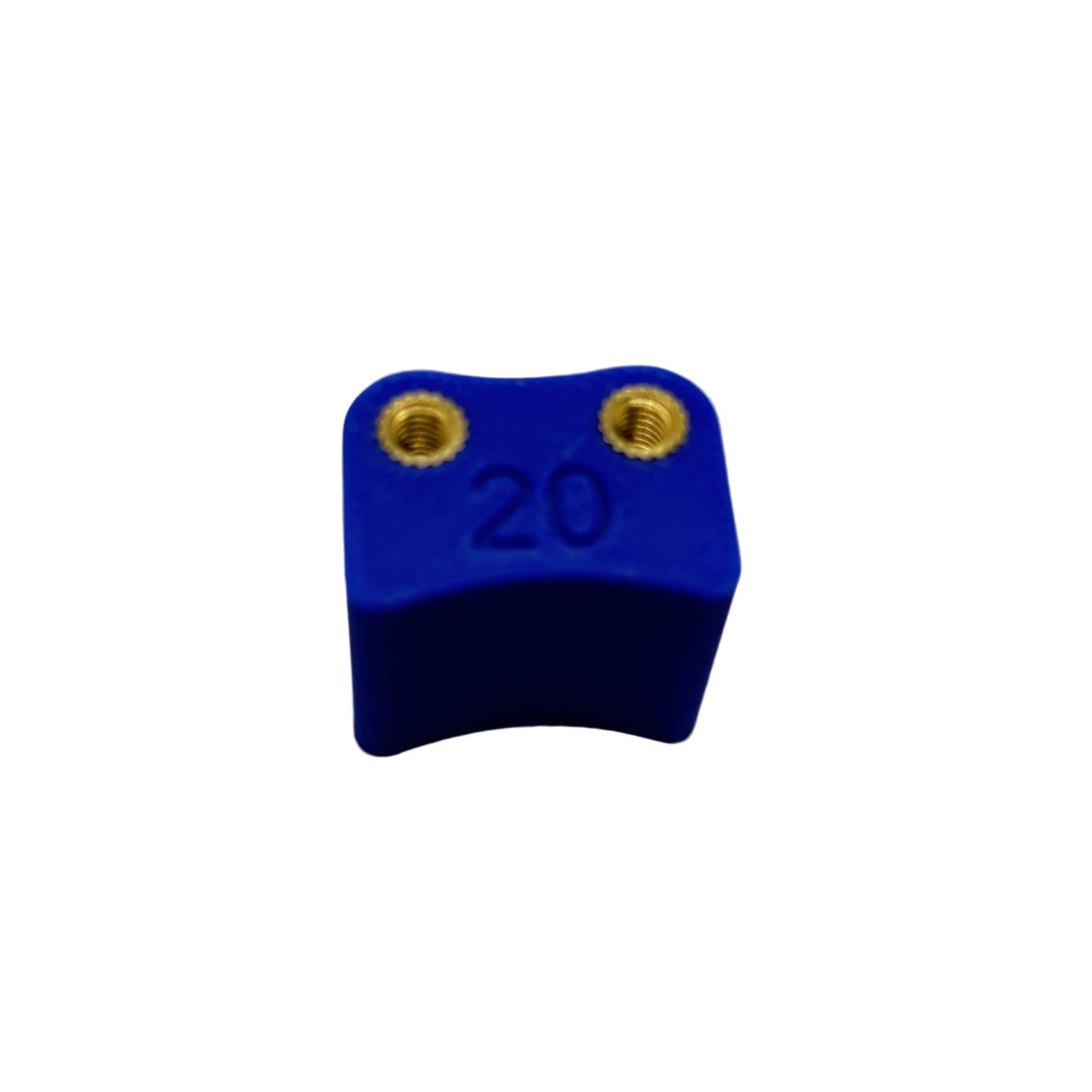 Blue plastic component with gold screws on a white background