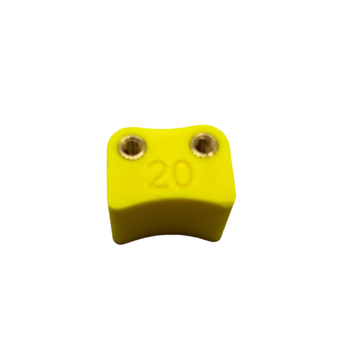 Yellow plastic block with '20' printed on it against a white background