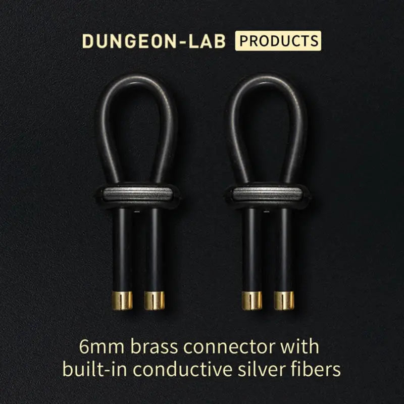 Two black conductive rubber loops with brass ends on a black background, featuring Dungeon-Lab branding.
