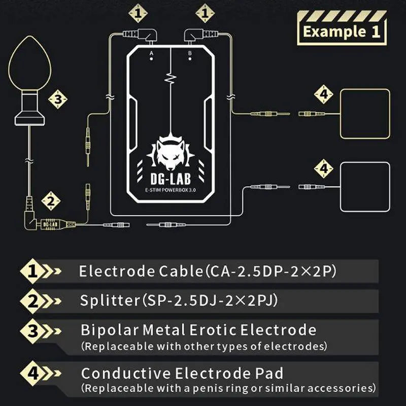 Diagram of DG-LAB power device with labeled parts on a black background