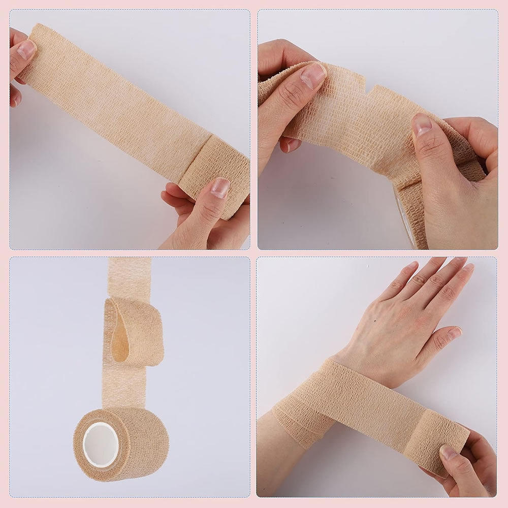Collage of images showing a person applying beige elastic bandage to their wrist.