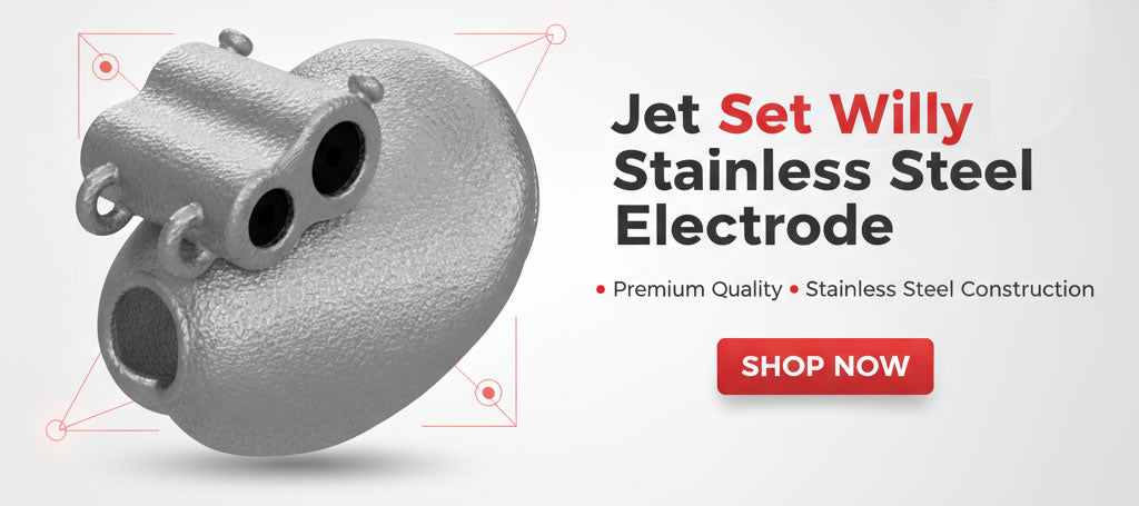 Stainless steel electrode with 'Jet Set Willy' branding and promotional text on a white background