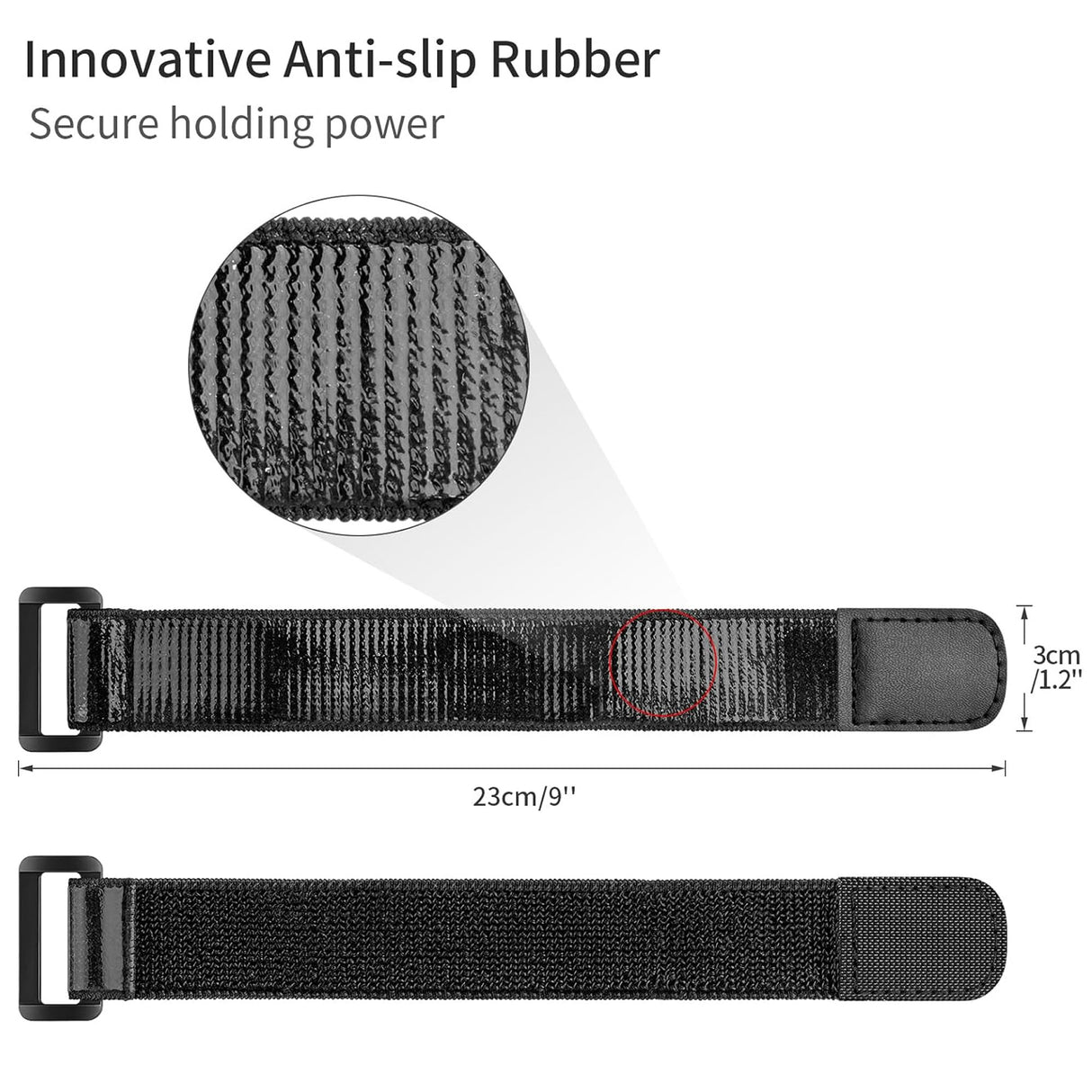 Black strap with innovative anti-slip rubber feature on a white background