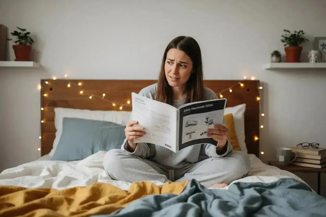 Image showing a woman reading an e-stim manual with a confused look on her face.