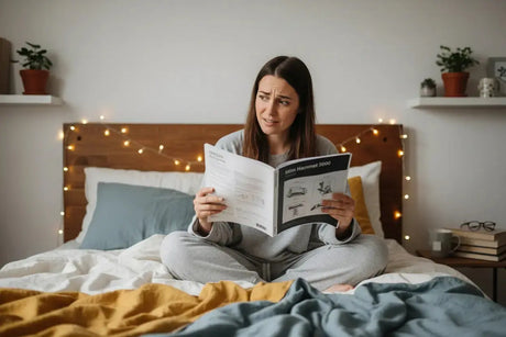 Image showing a woman reading an e-stim manual with a confused look on her face.