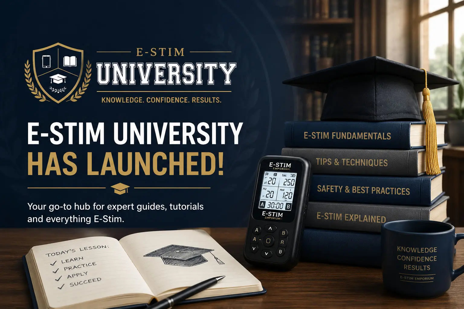 Image showing books on e-stim and announcing the launch of e-stim university