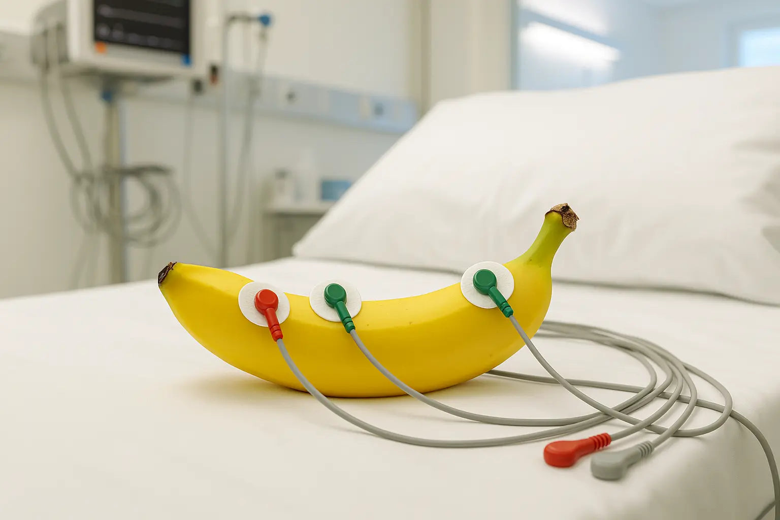 Banana wired up on a hospital bed