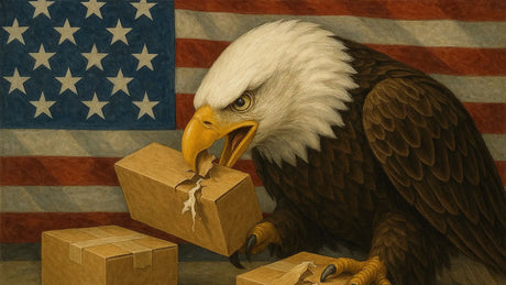 Image showing a bald eagle opening boxes infront of the stars and stripes