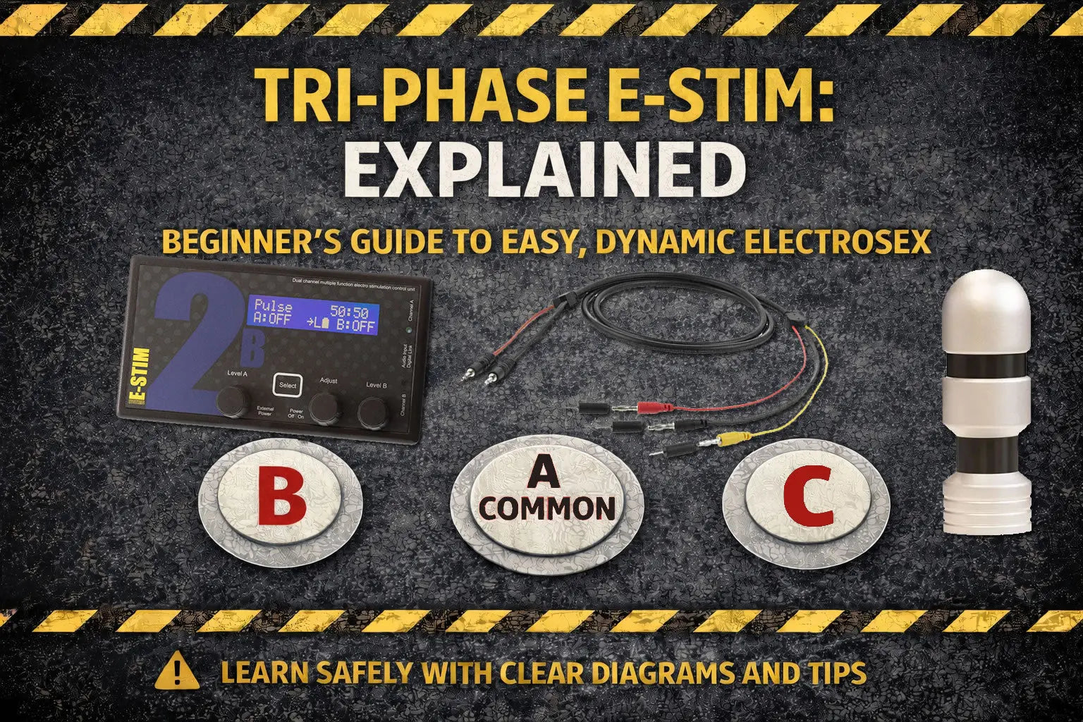 Blog header image about tri-phase e-stim play showing a control box and some electrodes