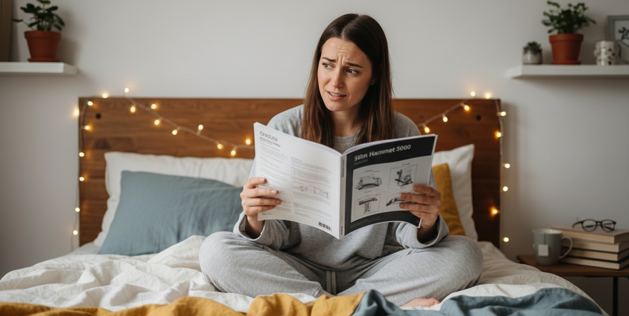 Image showing a woman reading an e-stim manual with a confused look on her face.