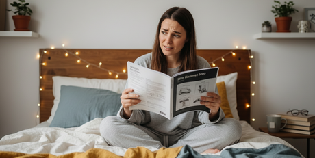 Image showing a woman reading an e-stim manual with a confused look on her face.