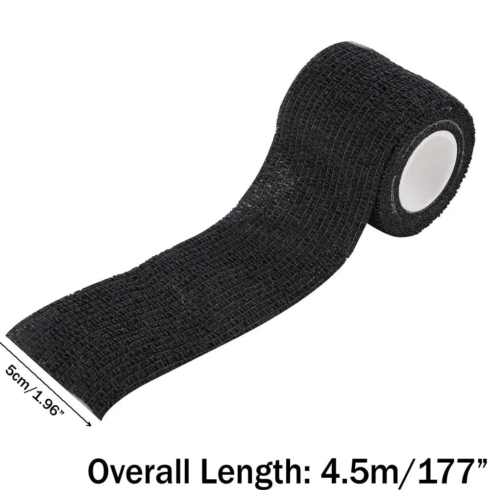 Roll of black elastic tape with measurement details on a white background