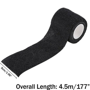 Roll of black elastic tape with measurement details on a white background