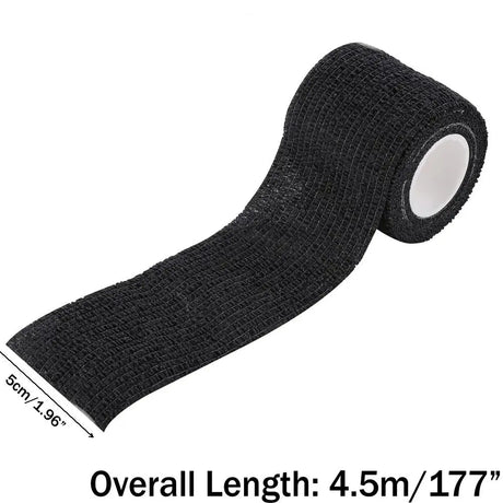 Roll of black elastic tape with measurement details on a white background