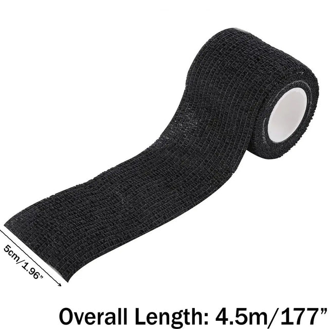Roll of black elastic tape with measurement details on a white background