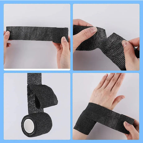 Black elastic bandage being shown in various stages of use on a white background.