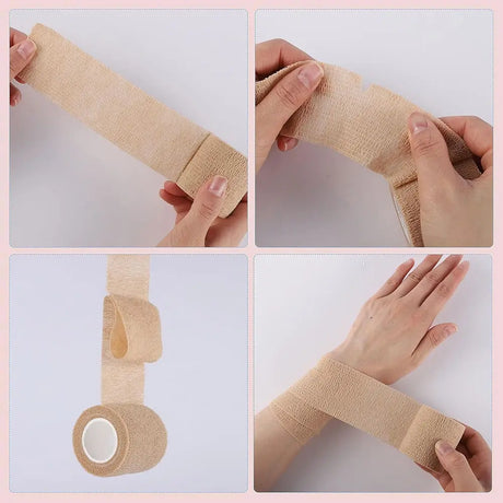 Collage of images showing a person applying beige elastic bandage to their wrist.