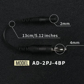 Technical diagram of a black cable with measurements and model number on a black background