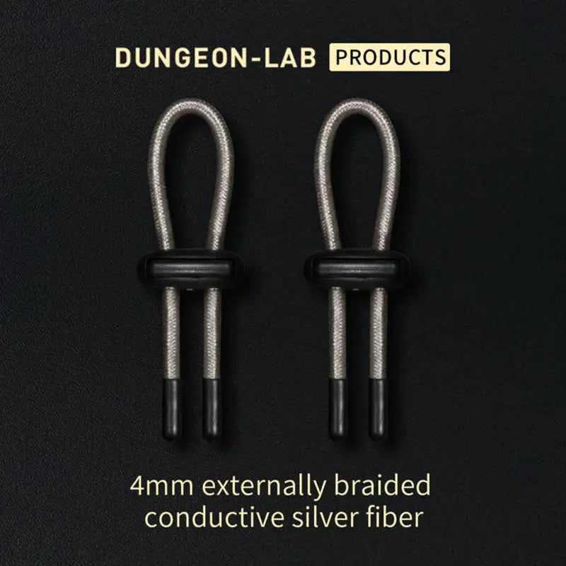 Two braided conductive silver sleeved electrodes with 'Dungeon-Lab Products' branding on a black background.