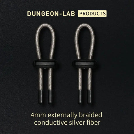 Two braided conductive silver sleeved electrodes with 'Dungeon-Lab Products' branding on a black background.