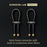 Two black conductive rubber loops with brass ends on a black background, featuring Dungeon-Lab branding.