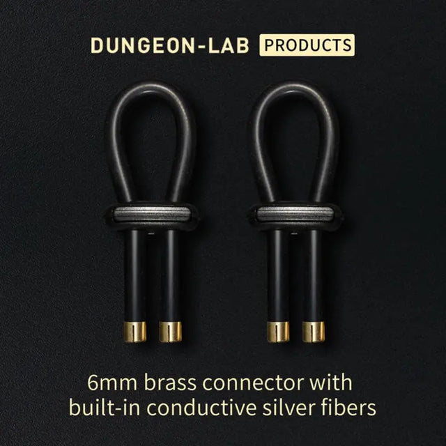 Two black conductive rubber loops with brass ends on a black background, featuring Dungeon-Lab branding.