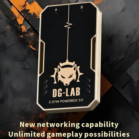 DG-LAB E-STIM POWERBOX 3.0 device on a dark background with text about new networking capability and unlimited gameplay possibilities.