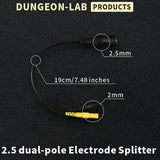 2.5 dual-pole electrode splitter with measurements on a black background, labeled 'Dungeon-Lab Products'.