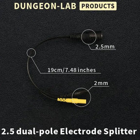 2.5 dual-pole electrode splitter with measurements on a black background, labeled 'Dungeon-Lab Products'.
