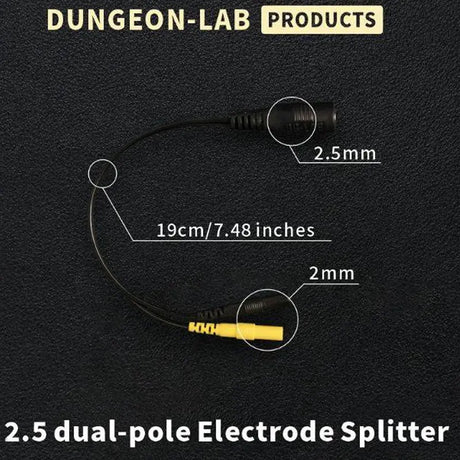 2.5 dual-pole electrode splitter with measurements on a black background, labeled 'Dungeon-Lab Products'.