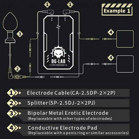 Diagram of DG-LAB power device with labeled parts on a black background