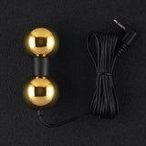 Gold dumbbell-shaped light bulb with a black cable on a dark background
