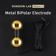 Metal BiPolar Electrode with cable on a black background, labeled 'Dungeon-Lab Products'.
