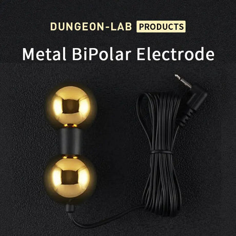 Metal BiPolar Electrode with cable on a black background, labeled 'Dungeon-Lab Products'.