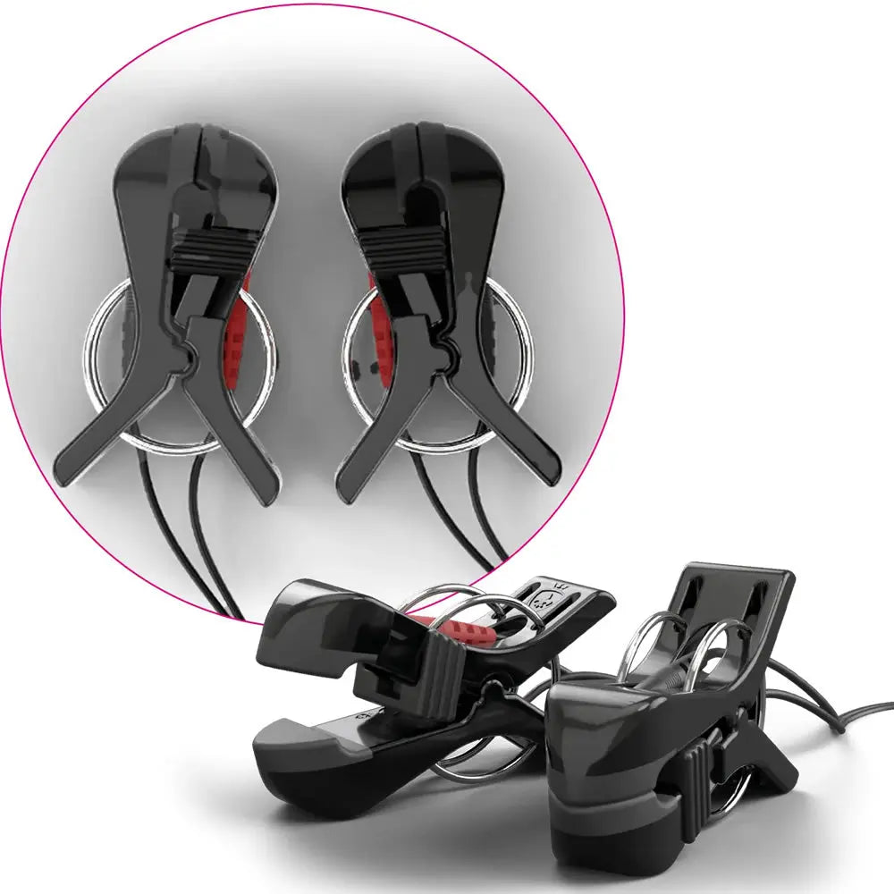 Barry Bite, nipple clamp electrodes with red inner pads and attached black cords, shown on a white background with a circular inset close-up of two clamps.