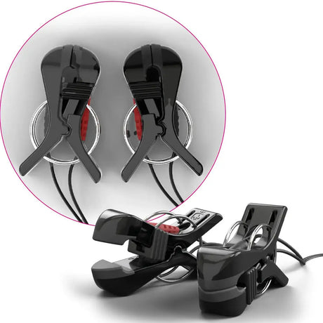 Barry Bite, nipple clamp electrodes with red inner pads and attached black cords, shown on a white background with a circular inset close-up of two clamps.
