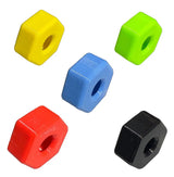 Five colored hexagonal nuts on a white background