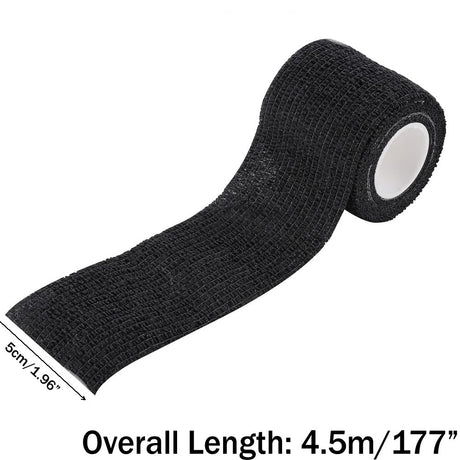 Roll of black elastic tape with measurement details on a white background