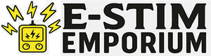 Logo of E-Stim Emporium with a yellow electric device icon and lightning bolts on a black background.
