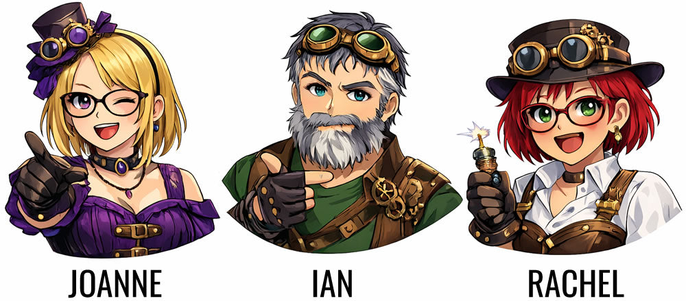 Three animated characters with names Joanne, Ian, and Rachel on a white background.